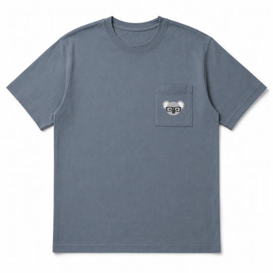 Slate blue pocket tee with an embroidered koala on the chest pocket