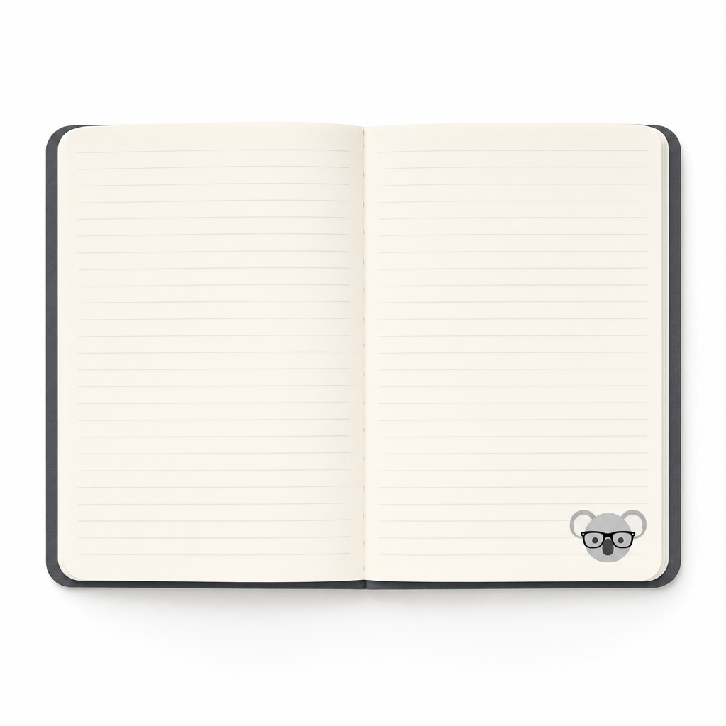 The softcover notebook open showing ruled ivory pages